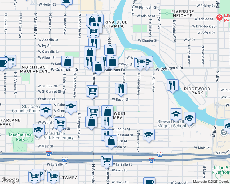 map of restaurants, bars, coffee shops, grocery stores, and more near 2117 West Saint John Street in Tampa