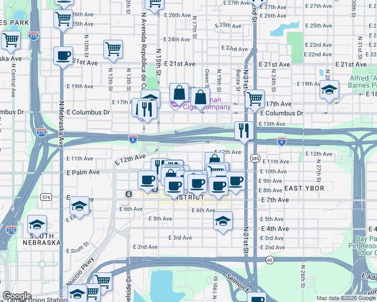 map of restaurants, bars, coffee shops, grocery stores, and more near 1512 East 12th Avenue in Tampa