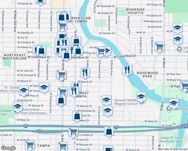 map of restaurants, bars, coffee shops, grocery stores, and more near 1907 West Saint John Street in Tampa