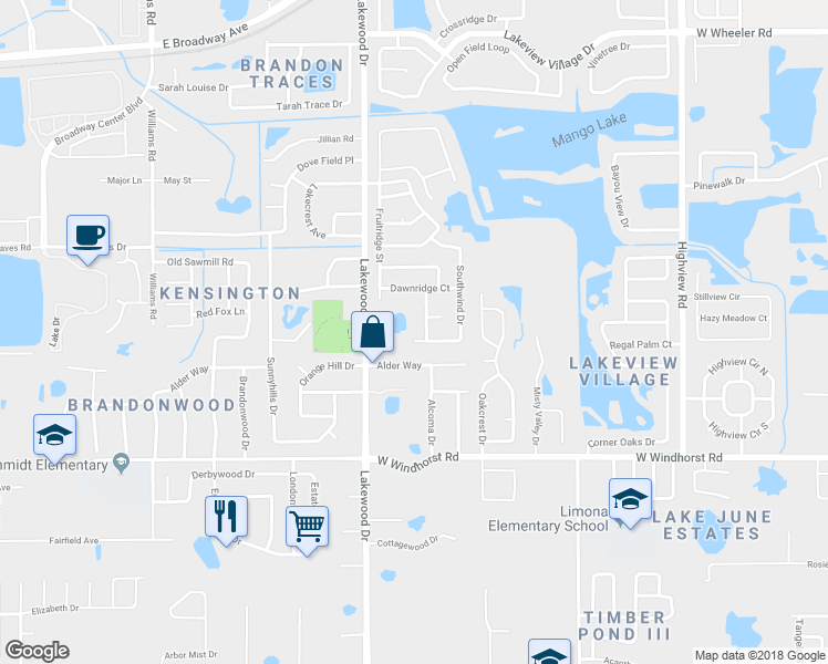 map of restaurants, bars, coffee shops, grocery stores, and more near 1604 Southwind Drive in Brandon