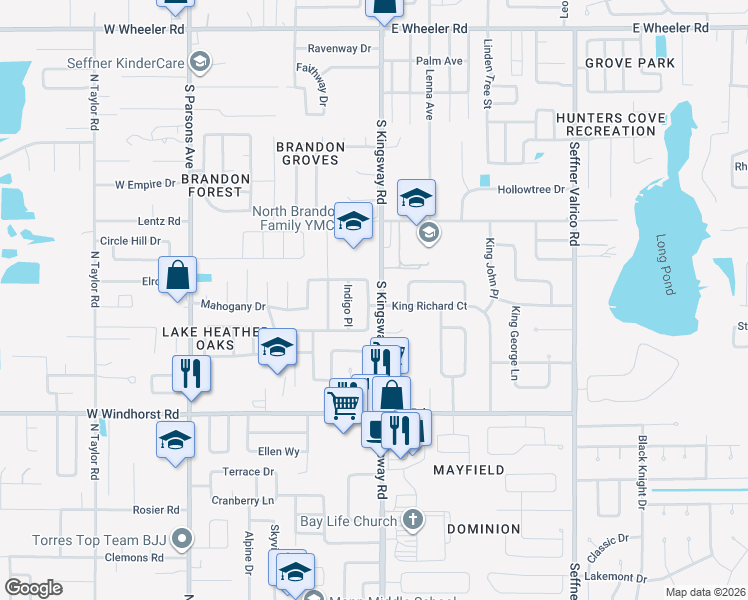 map of restaurants, bars, coffee shops, grocery stores, and more near 520 Mahogany Drive in Seffner