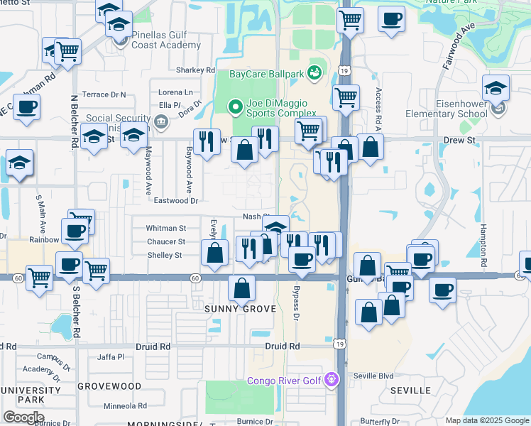map of restaurants, bars, coffee shops, grocery stores, and more near 10 Old Coachman Road in Clearwater