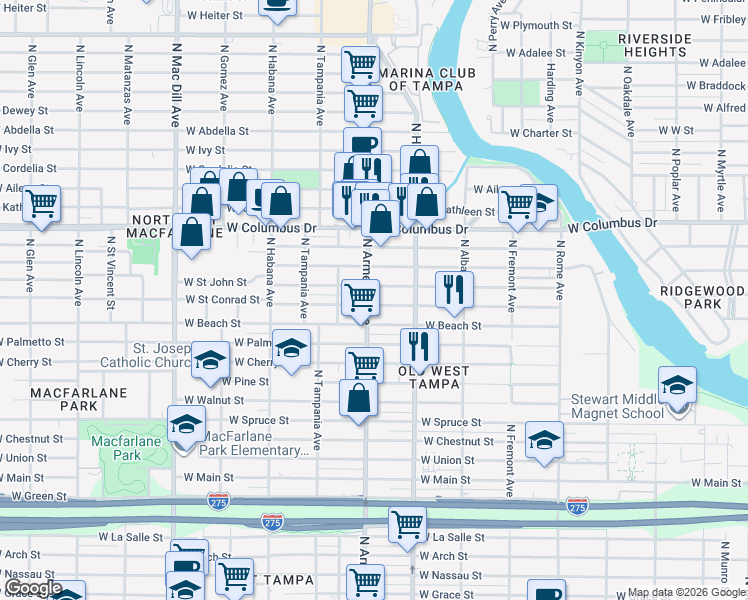 map of restaurants, bars, coffee shops, grocery stores, and more near 2345 W St Conrad St in Tampa