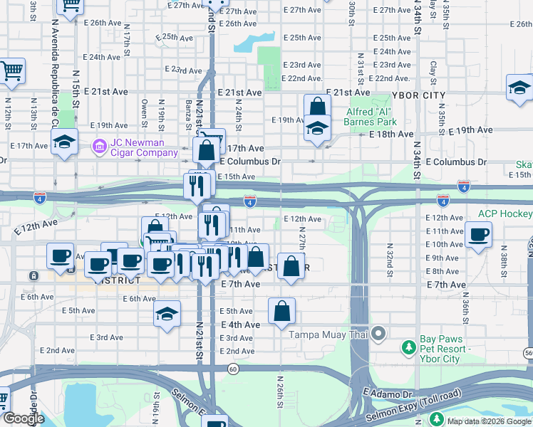 map of restaurants, bars, coffee shops, grocery stores, and more near 2310 North 26th Street in Tampa