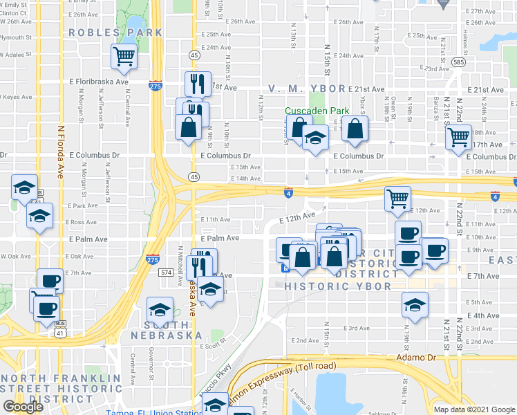 map of restaurants, bars, coffee shops, grocery stores, and more near 1024 East 12th Avenue in Tampa