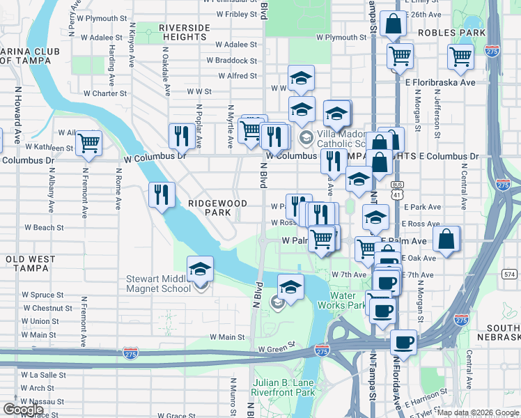map of restaurants, bars, coffee shops, grocery stores, and more near 707 West Park Avenue in Tampa