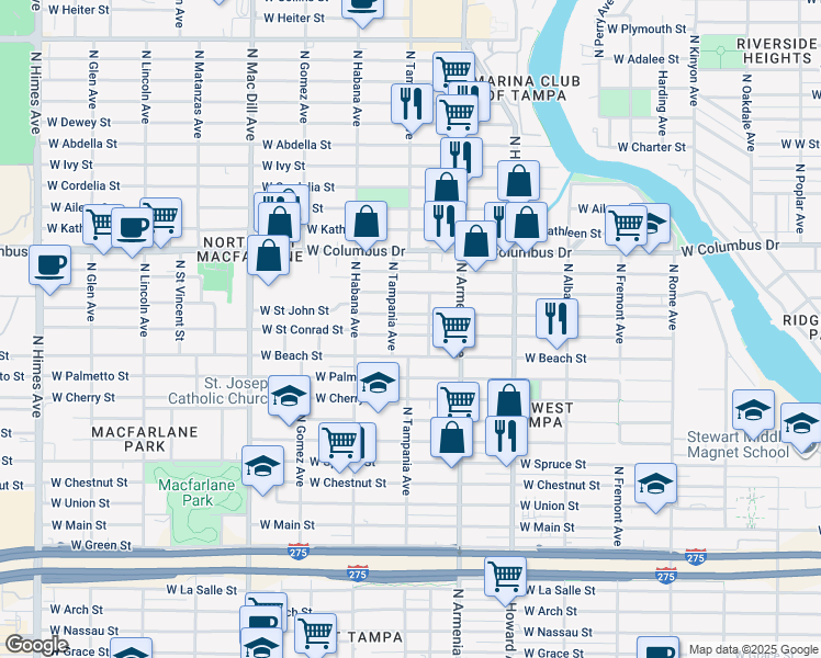 map of restaurants, bars, coffee shops, grocery stores, and more near 2606 West Saint John Street in Tampa
