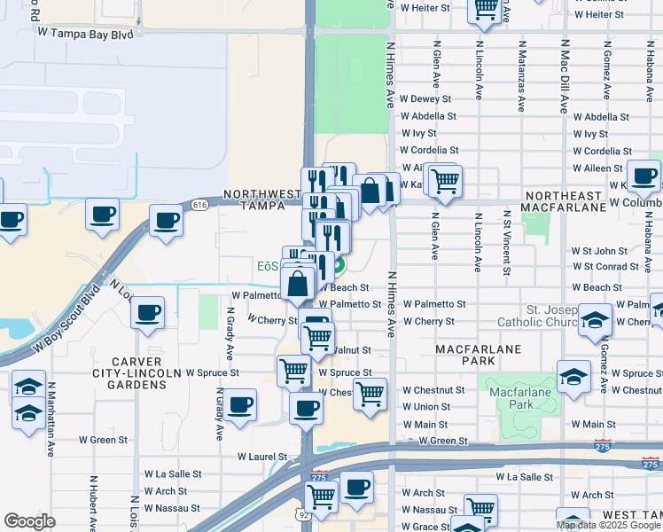 map of restaurants, bars, coffee shops, grocery stores, and more near Golden Triangle Place in Tampa
