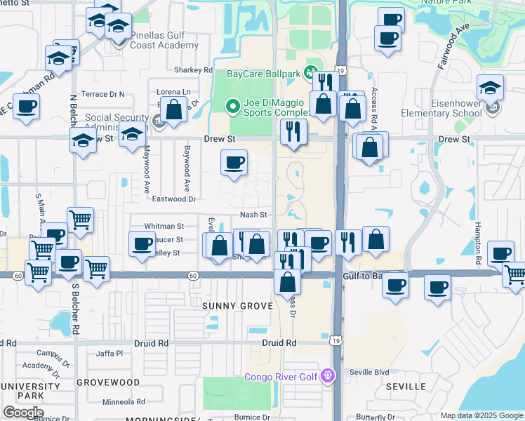 map of restaurants, bars, coffee shops, grocery stores, and more near 10 Old Coachman Road in Clearwater