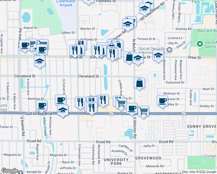 map of restaurants, bars, coffee shops, grocery stores, and more near 15 South Neptune Avenue in Clearwater