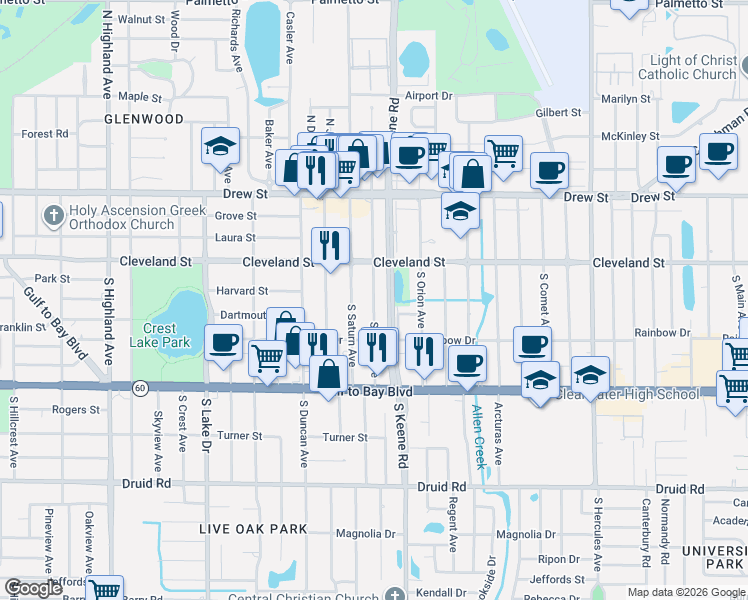 map of restaurants, bars, coffee shops, grocery stores, and more near 20 South Mars Avenue in Clearwater