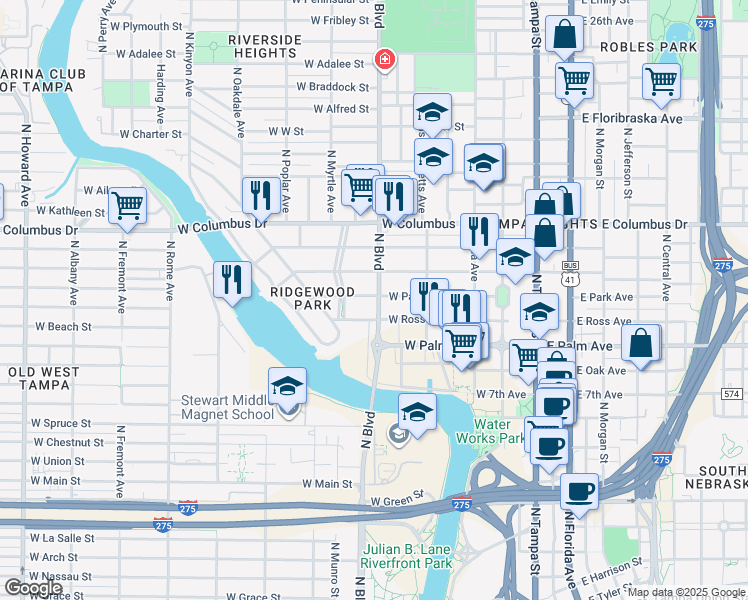 map of restaurants, bars, coffee shops, grocery stores, and more near 707 West Park Avenue in Tampa