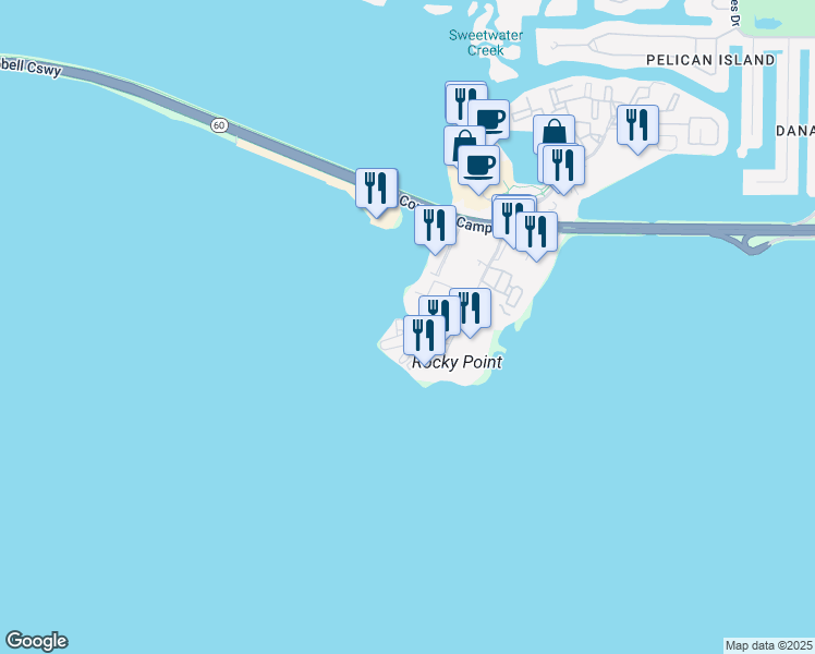 map of restaurants, bars, coffee shops, grocery stores, and more near 2506 North Rocky Point Drive in Tampa