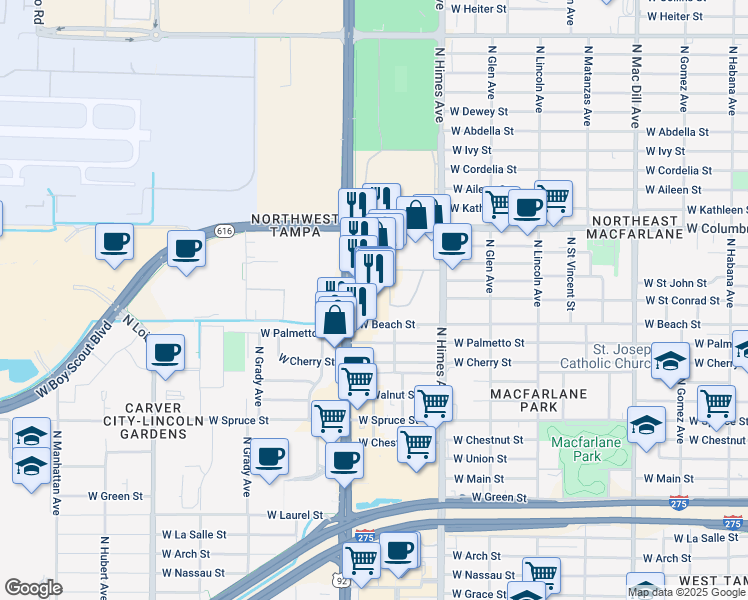 map of restaurants, bars, coffee shops, grocery stores, and more near 2525 North Dale Mabry Highway in Tampa