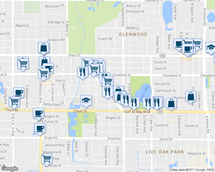 map of restaurants, bars, coffee shops, grocery stores, and more near 118 North San Remo Avenue in Clearwater