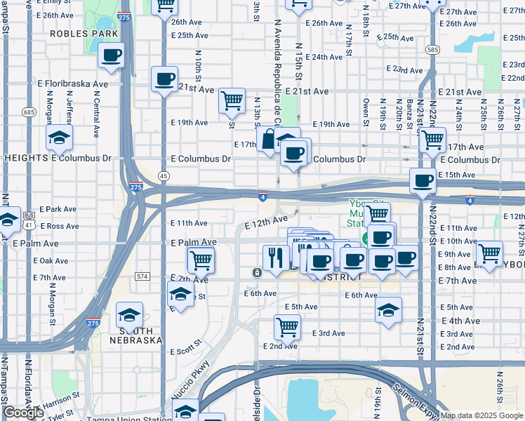 map of restaurants, bars, coffee shops, grocery stores, and more near 2317 North 13th Street in Tampa
