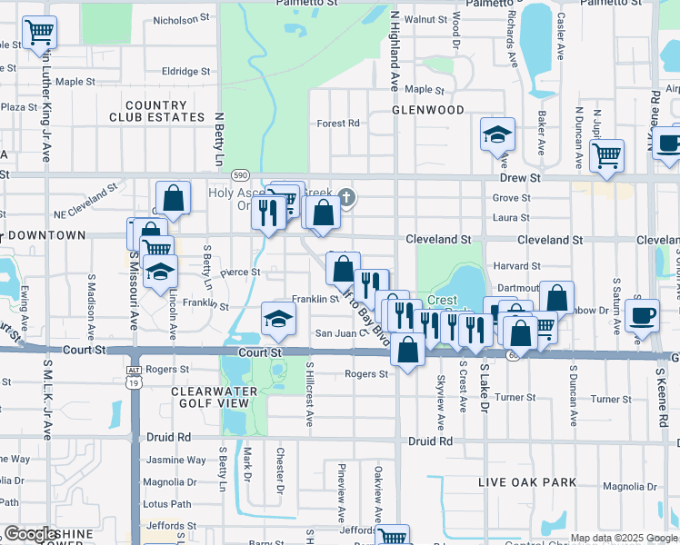 map of restaurants, bars, coffee shops, grocery stores, and more near 1437 Park Street in Clearwater