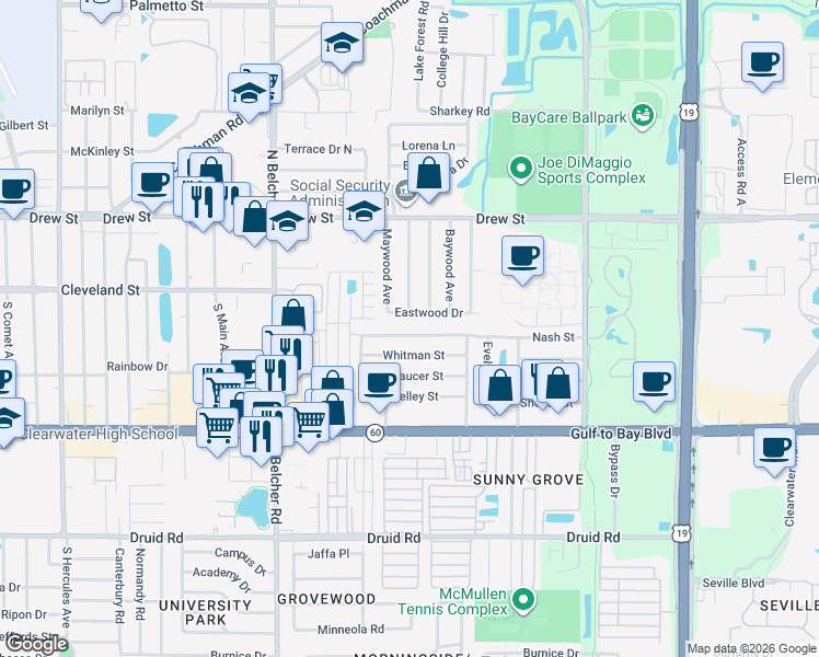 map of restaurants, bars, coffee shops, grocery stores, and more near 2336 Nash Street in Clearwater