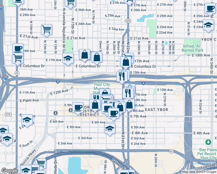 map of restaurants, bars, coffee shops, grocery stores, and more near 2000 East 12th Avenue in Tampa