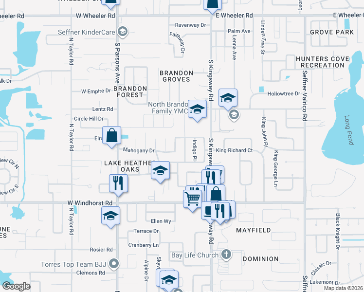 map of restaurants, bars, coffee shops, grocery stores, and more near 3116 Indigo Place in Seffner
