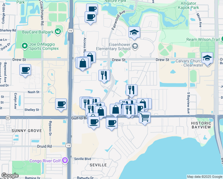 map of restaurants, bars, coffee shops, grocery stores, and more near 2712 East Grand Reserve Circle in Clearwater