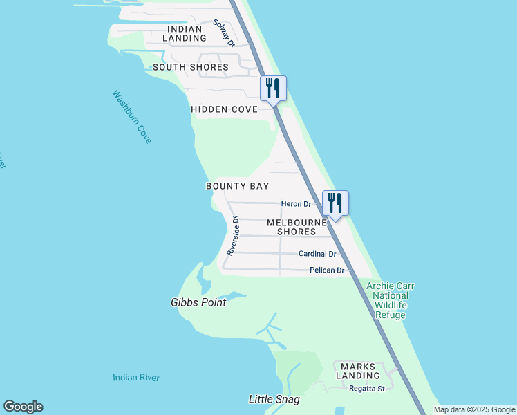 map of restaurants, bars, coffee shops, grocery stores, and more near 270 Heron Drive in Melbourne Beach