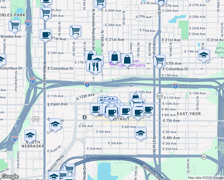 map of restaurants, bars, coffee shops, grocery stores, and more near 1512 East 12th Avenue in Tampa