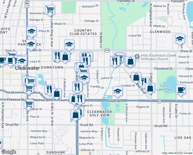 map of restaurants, bars, coffee shops, grocery stores, and more near 1276 Pierce Street in Clearwater