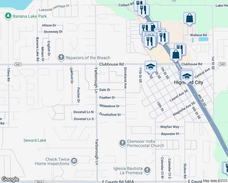 map of restaurants, bars, coffee shops, grocery stores, and more near 3813 Dale Street in Lakeland