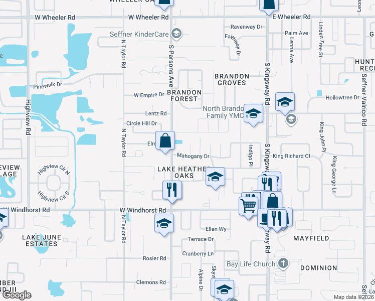 map of restaurants, bars, coffee shops, grocery stores, and more near 3107 Elderwood Place in Seffner