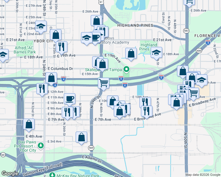 map of restaurants, bars, coffee shops, grocery stores, and more near 4020 East 12th Avenue in Tampa
