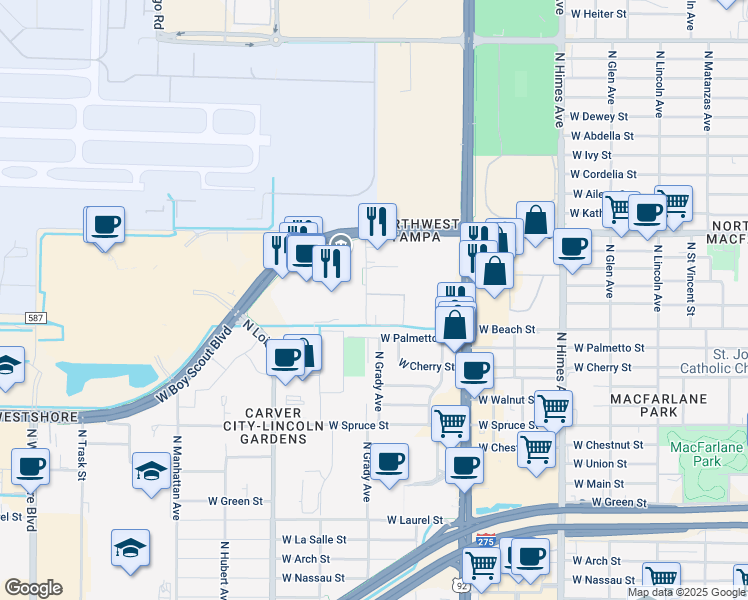 map of restaurants, bars, coffee shops, grocery stores, and more near 2615 North Grady Avenue in Tampa