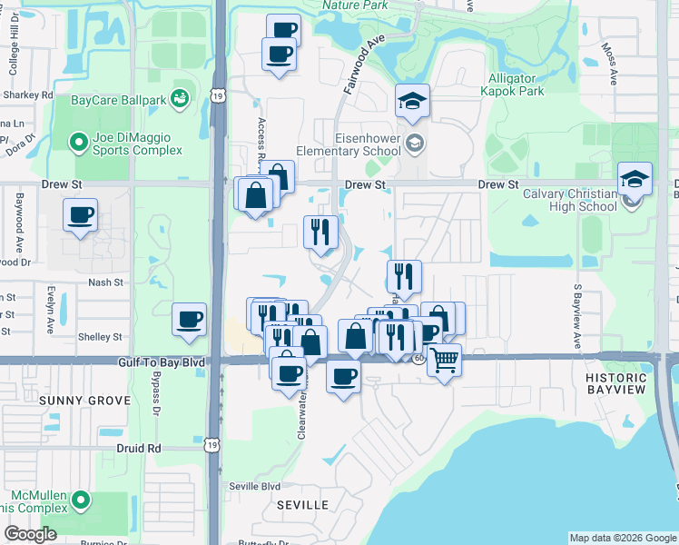 map of restaurants, bars, coffee shops, grocery stores, and more near 200 Park Place Boulevard in Clearwater