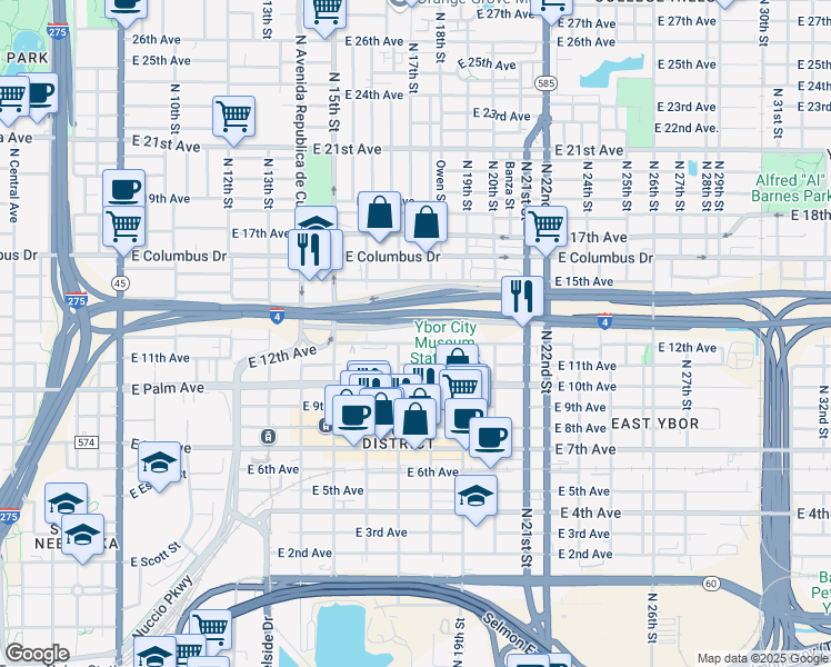 map of restaurants, bars, coffee shops, grocery stores, and more near 1701 East 13th Avenue in Tampa