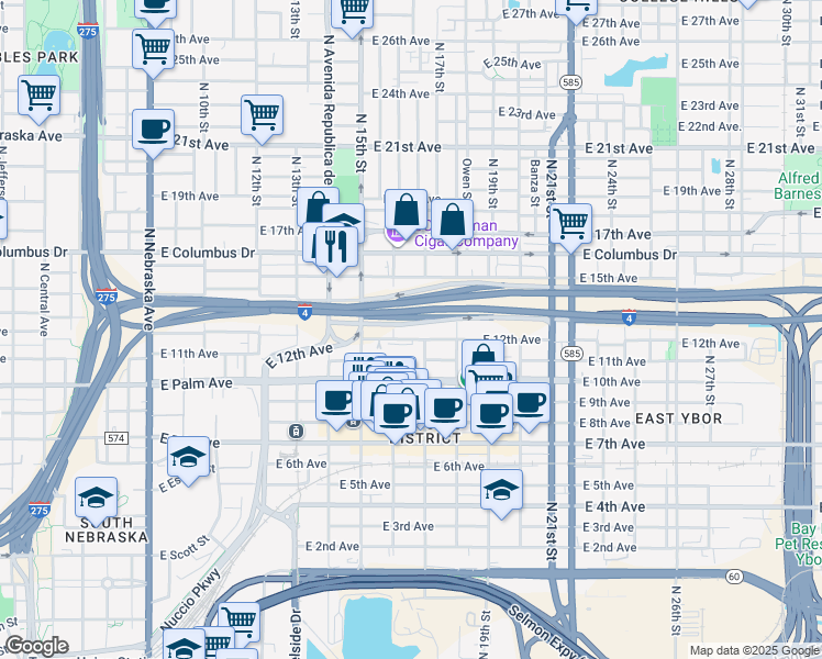 map of restaurants, bars, coffee shops, grocery stores, and more near 1613 East 13th Avenue in Tampa
