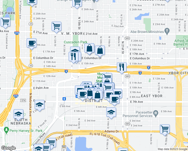 map of restaurants, bars, coffee shops, grocery stores, and more near 1701 East 13th Avenue in Tampa