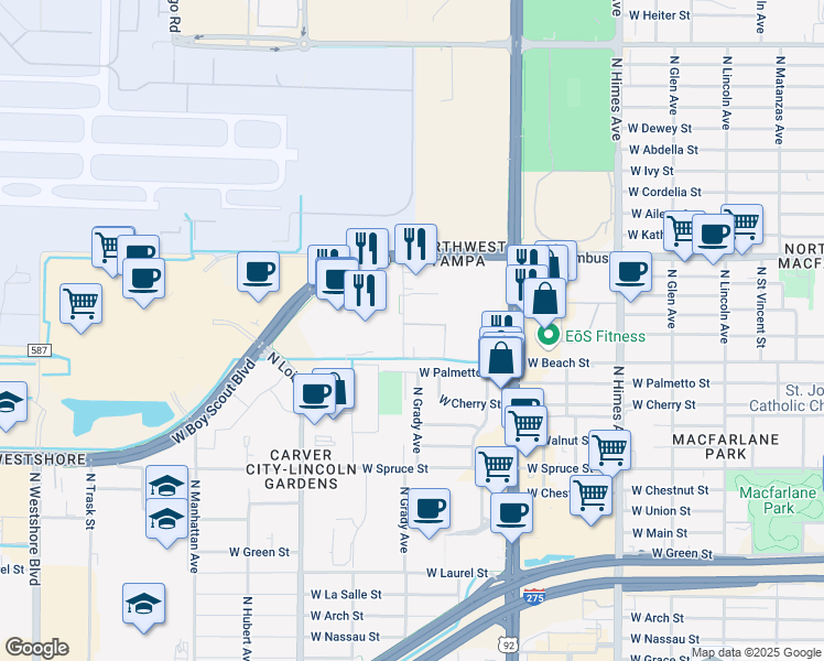map of restaurants, bars, coffee shops, grocery stores, and more near 2615 North Grady Avenue in Tampa
