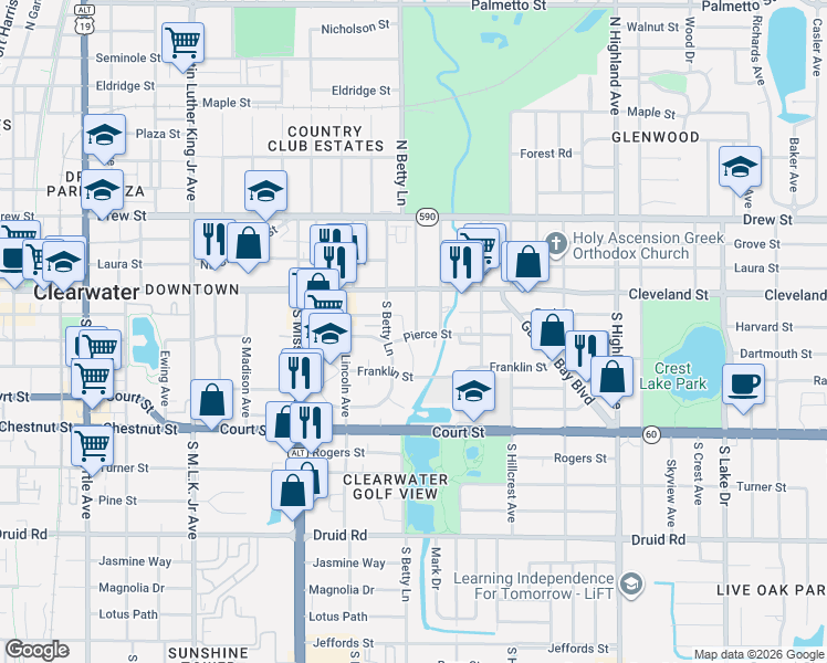 map of restaurants, bars, coffee shops, grocery stores, and more near 101 Waverly Way in Clearwater