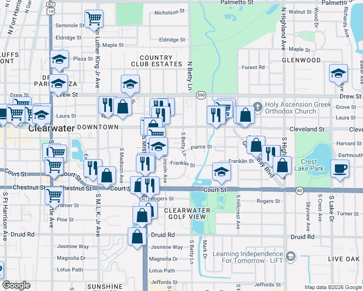 map of restaurants, bars, coffee shops, grocery stores, and more near 1261 Park Street in Clearwater