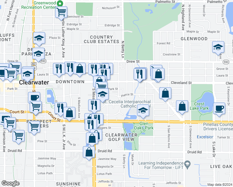 map of restaurants, bars, coffee shops, grocery stores, and more near 1261 Park Street in Clearwater