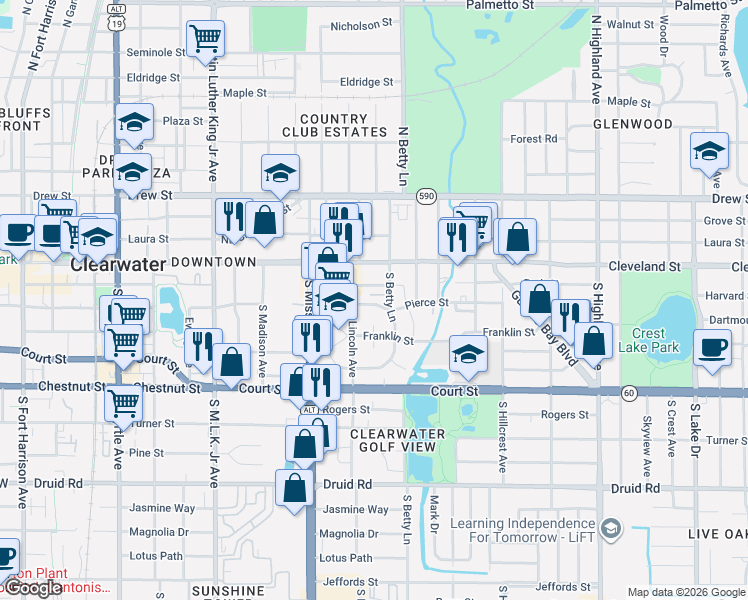 map of restaurants, bars, coffee shops, grocery stores, and more near 1261 Park Street in Clearwater
