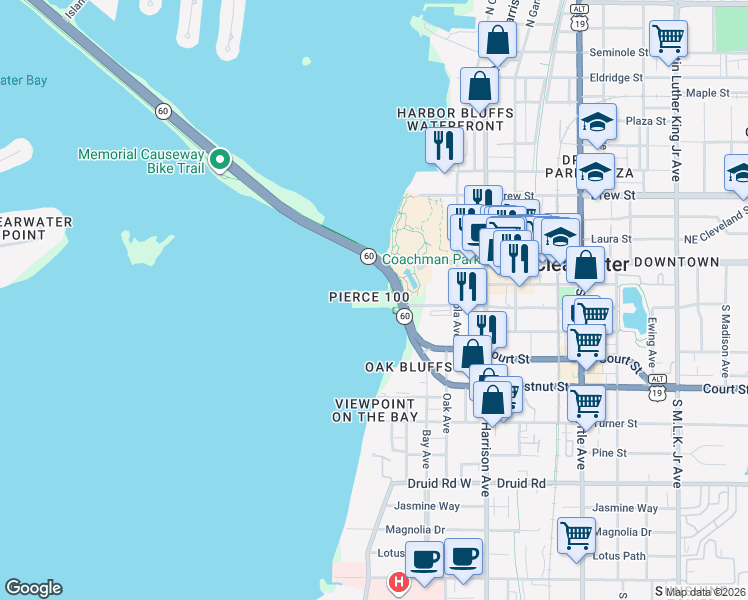 map of restaurants, bars, coffee shops, grocery stores, and more near 100 Pierce Street in Clearwater