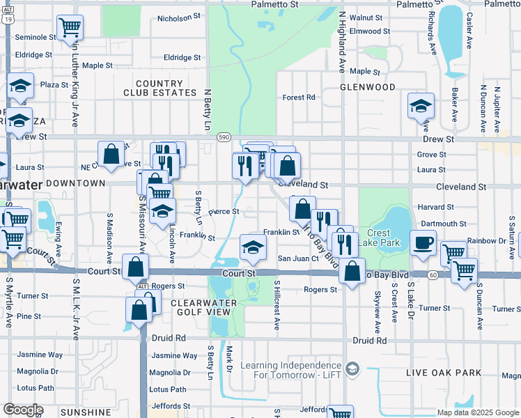 map of restaurants, bars, coffee shops, grocery stores, and more near 117 South Evergreen Avenue in Clearwater