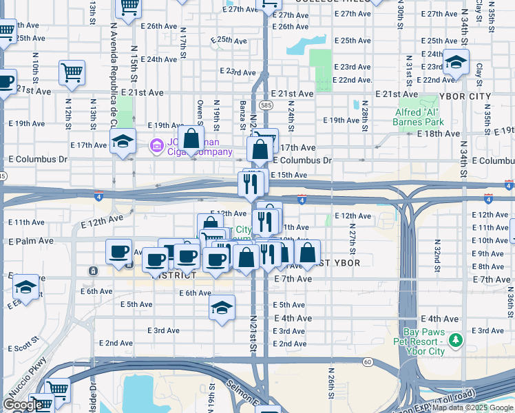 map of restaurants, bars, coffee shops, grocery stores, and more near 2101 East 13th Avenue in Tampa