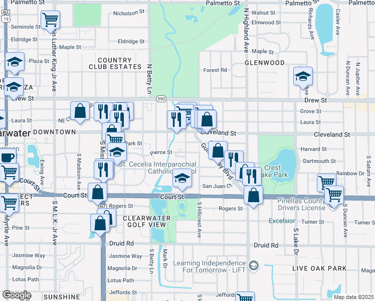 map of restaurants, bars, coffee shops, grocery stores, and more near 105 South Evergreen Avenue in Clearwater