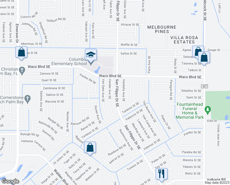 map of restaurants, bars, coffee shops, grocery stores, and more near 710 San Filippo Drive Southeast in Palm Bay