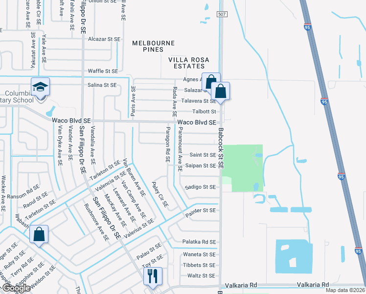 map of restaurants, bars, coffee shops, grocery stores, and more near 1350 Paramount Avenue Southeast in Palm Bay