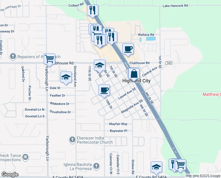 map of restaurants, bars, coffee shops, grocery stores, and more near 4056 Lime Avenue Southeast in Lakeland