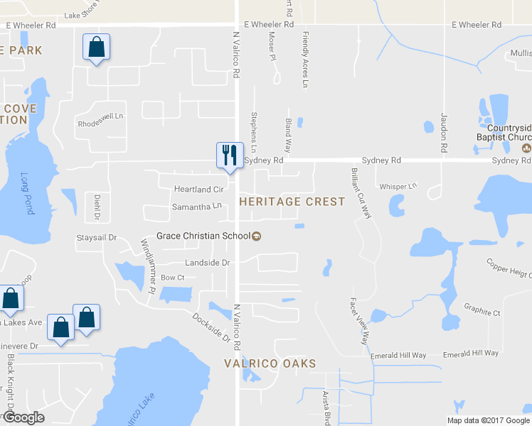 map of restaurants, bars, coffee shops, grocery stores, and more near 2110 Heritage Crest Drive in Valrico