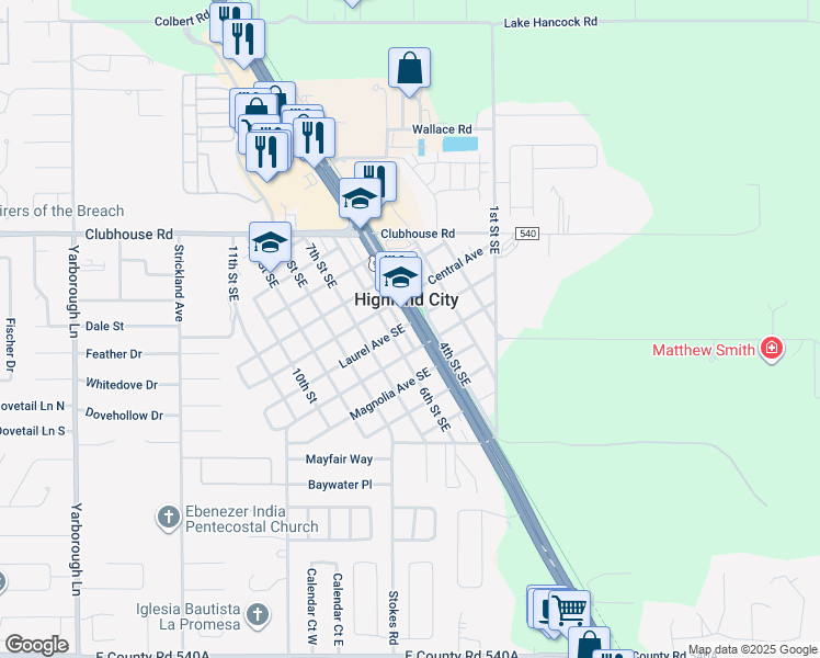 map of restaurants, bars, coffee shops, grocery stores, and more near 5503 Bartow Road in Lakeland